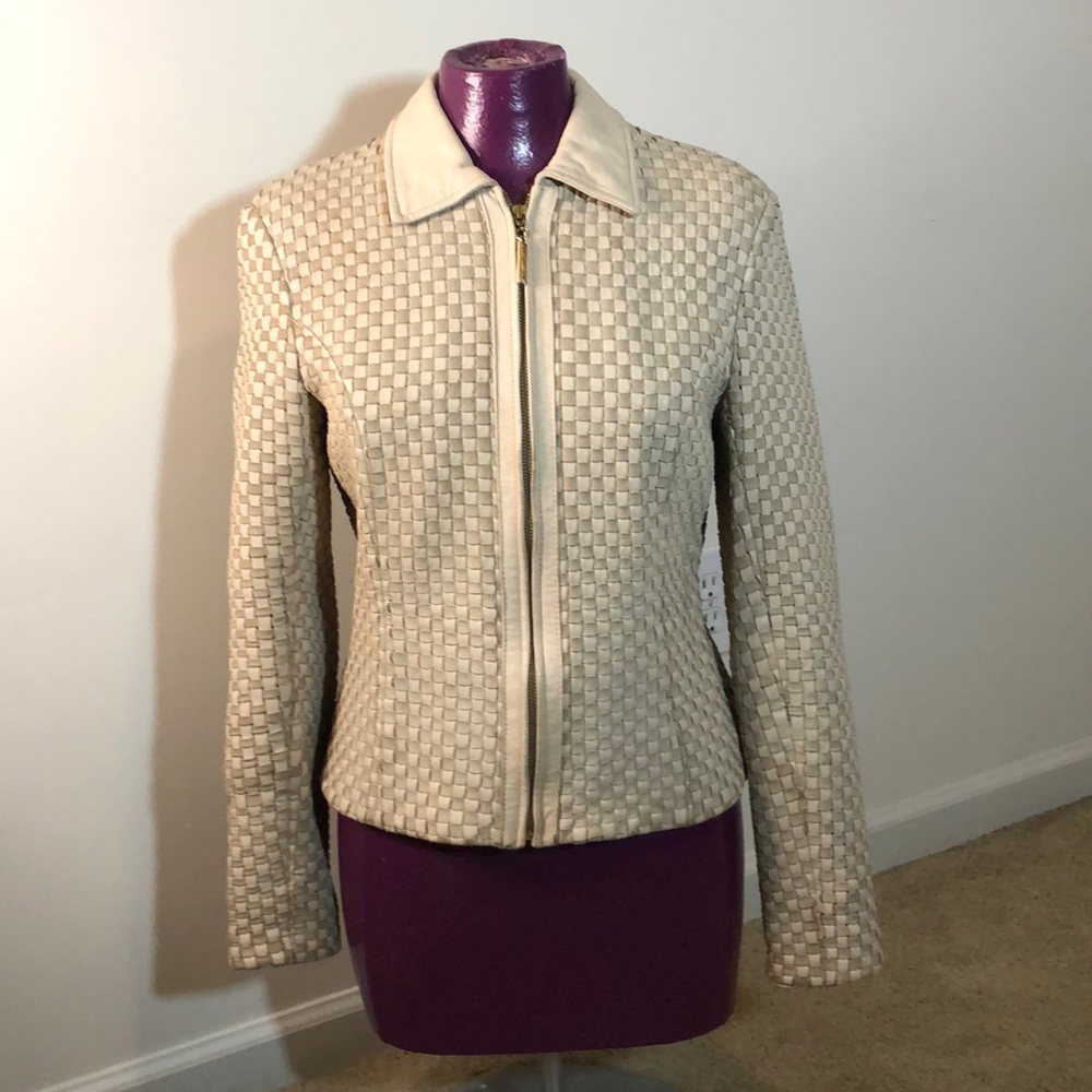 St. John Tan Woven Leather Jacket with Zip Front